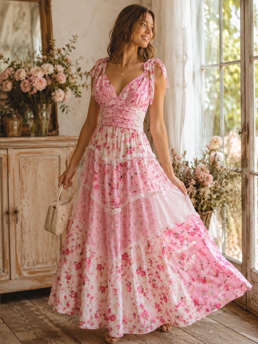 Pink Floral Patchwork Maxi Dress Corset Cottagecore Coquette Small